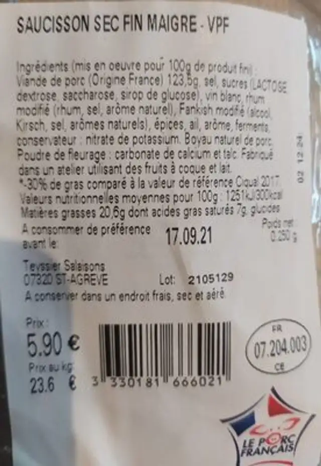 Saucisson Fin Maigre VPF nutrition facts table
