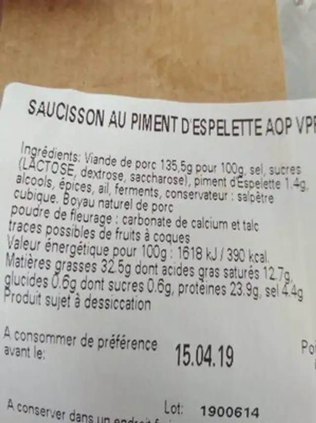 Saucisson ingredients label