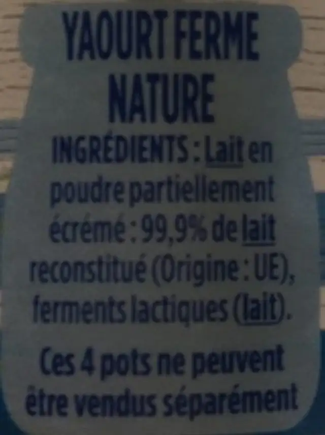 Yaourt Nature ingredients label