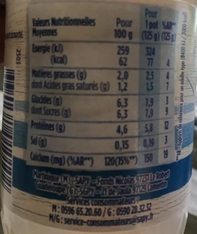 Yaourt Nature nutrition facts table