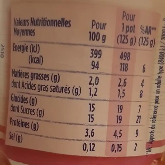 Yaourt brassé sucré aux fruits nutrition facts table