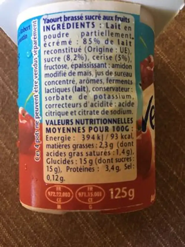 Velouté Fruix Cerise ingredients label