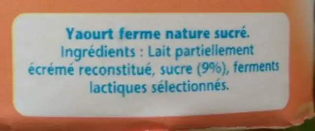Yaourt nature sucré ingredients label