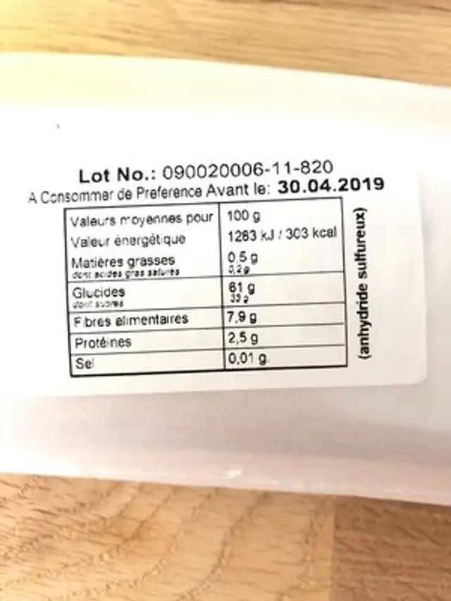 Abricots secs entiers ingredients label