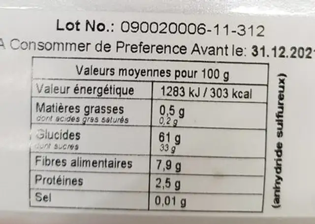 Abricots secs entiers nutrition facts table