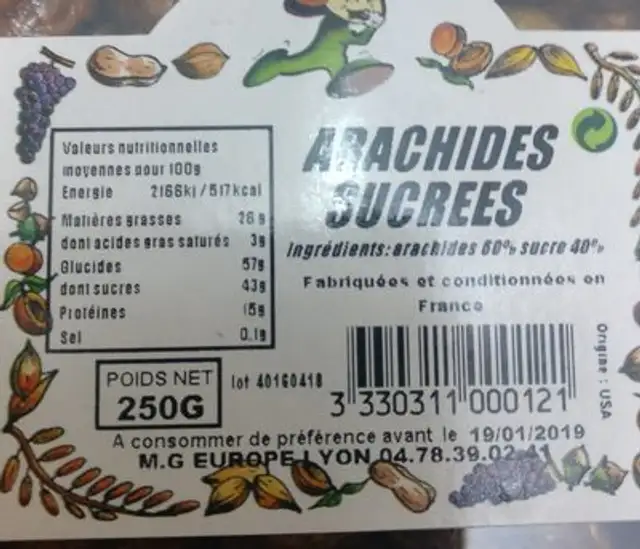 Arachides sucrées ingredients label
