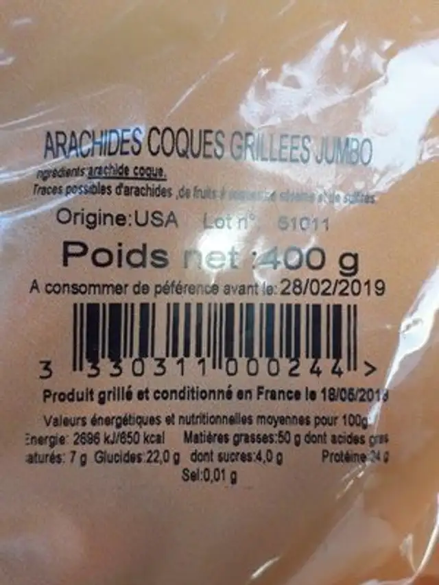 Arachides coques grillées jumbo ingredients label
