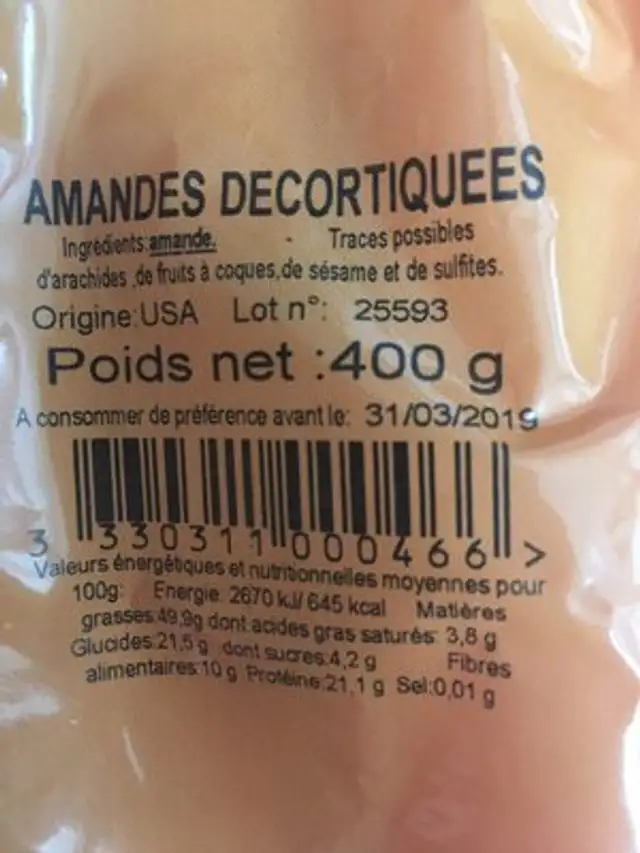 Amandes ingredients label