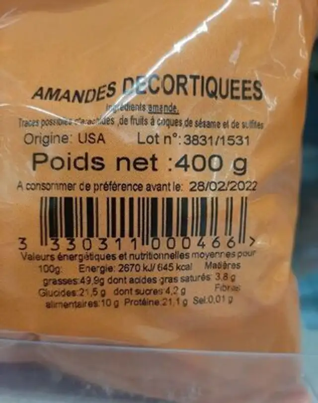 Amandes nutrition facts table