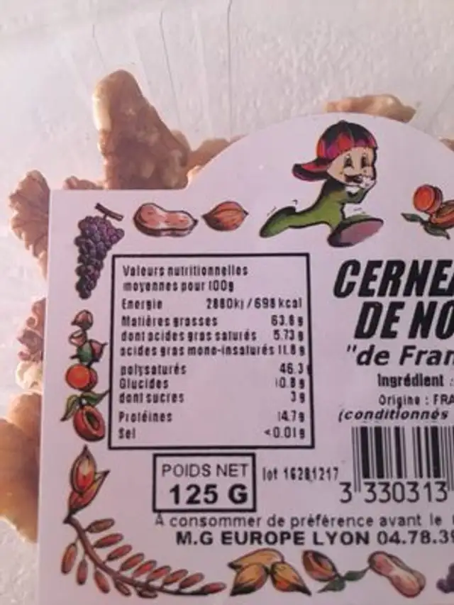Cerneaux de noix de France ingredients label
