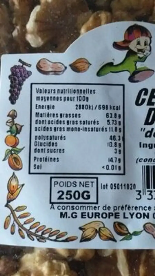 Cerneaux De Noix de France nutrition facts table