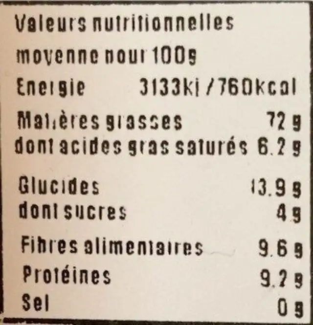 Cerneaux de pecan nutrition facts table