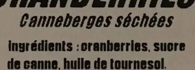 Cranberries ingredients label
