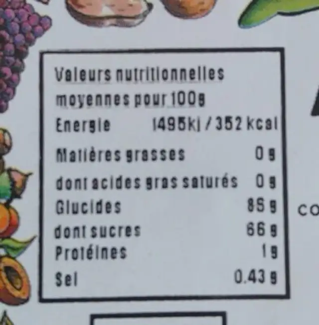 Mangues déshydratées nutrition facts table