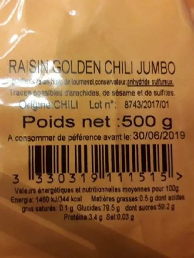 Raisin sec golden chili ingredients label