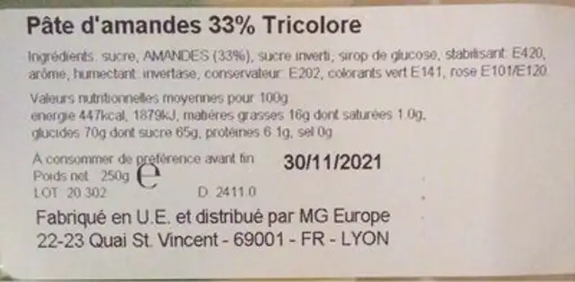 Pâte d'amandes tricolore nutrition facts table