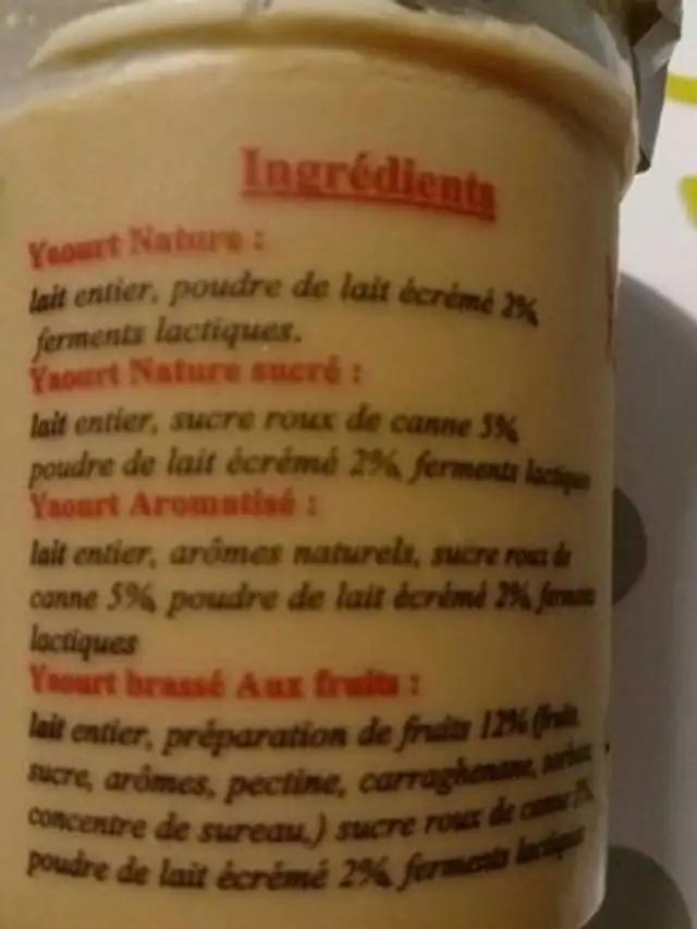 Yaourt cafe ingredients label