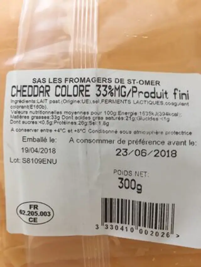 Cheddar Colore ingredients label