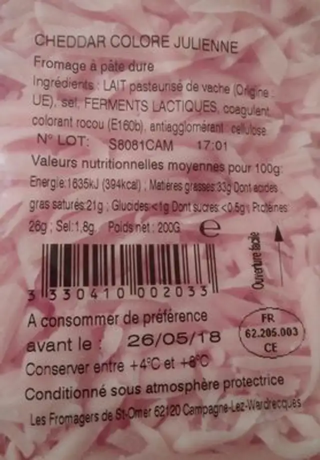 Cheddar Colore Julienne ingredients label