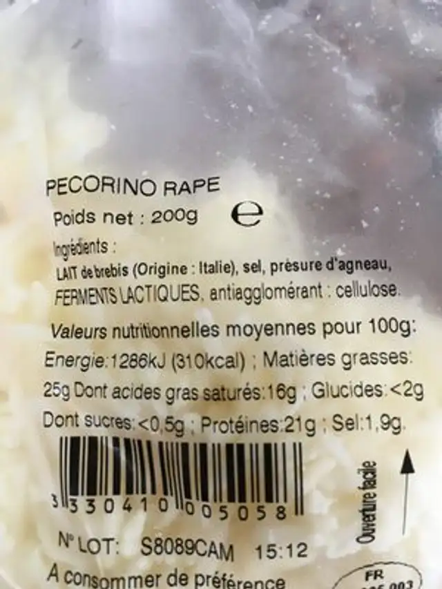 Pecorino rape ingredients label