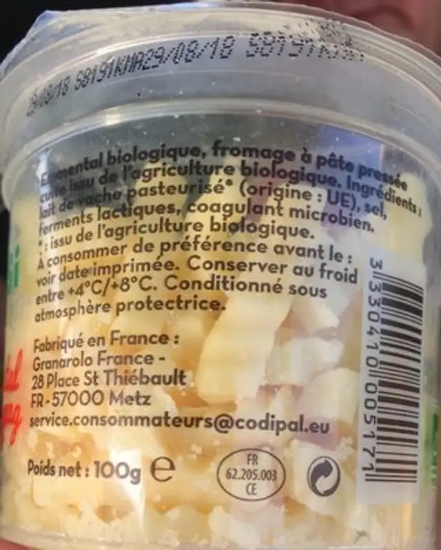 Emmental zigzag ingredients label