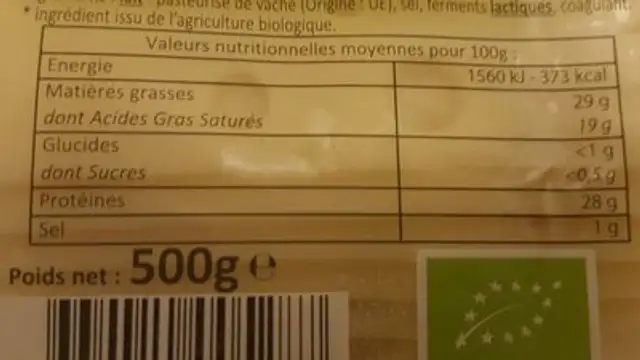 Emmantal bio ingredients label