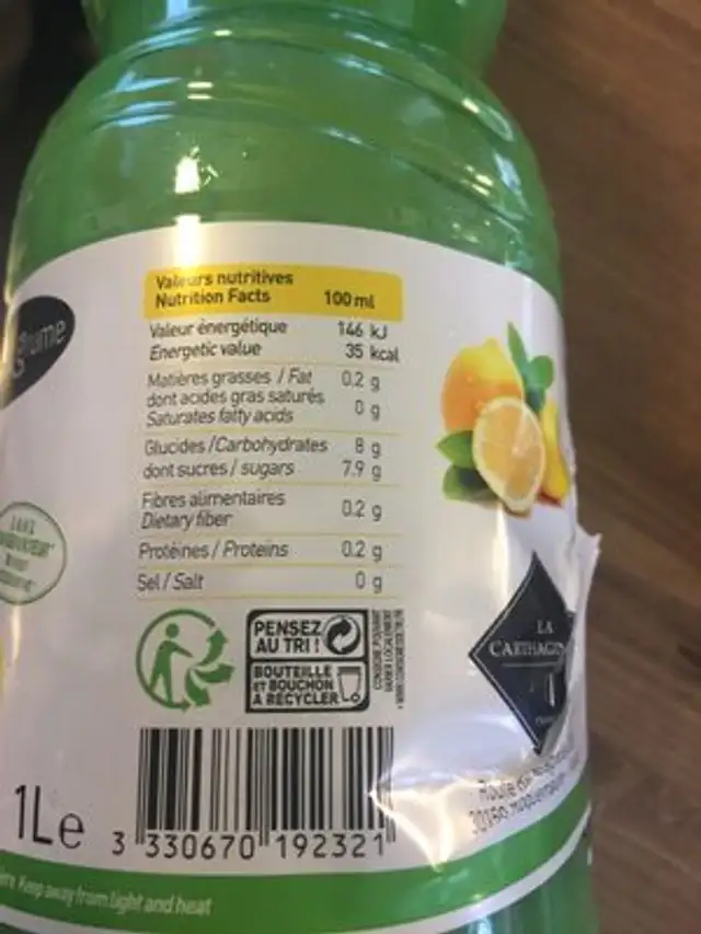 Pur jus de citron ingredients label