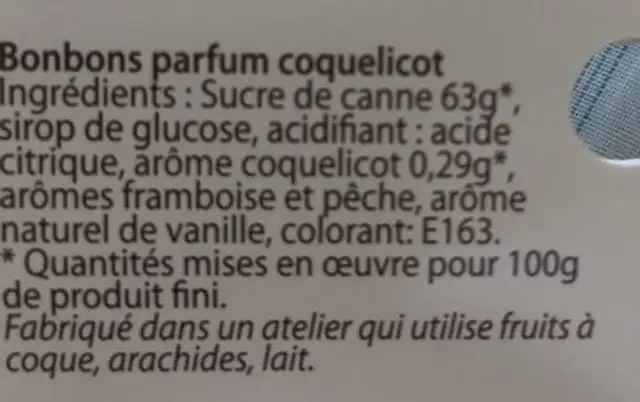 Bonbon parffum coquelicot ingredients label