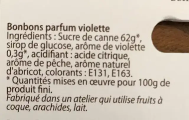 Bonbons parfum violet ingredients label