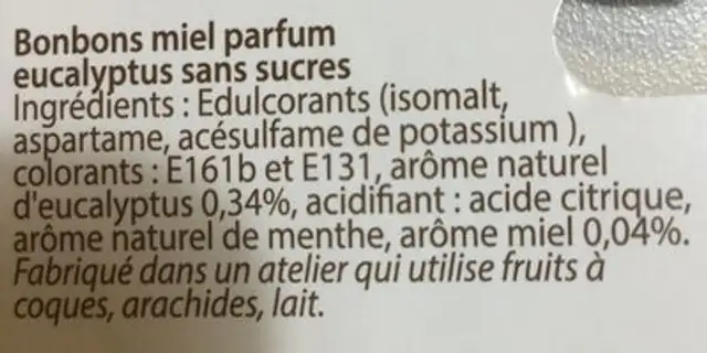 Bonbons parfum miel eucalyptus ingredients label