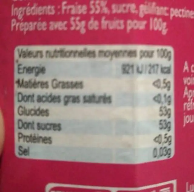Confiture extra fraise nutrition facts table