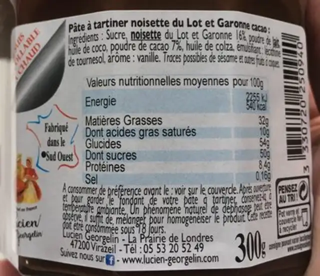 Pâte à tartiner noisette cacao ingredients label