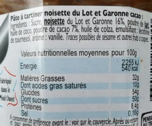 Pâte à tartiner noisette cacao nutrition facts table
