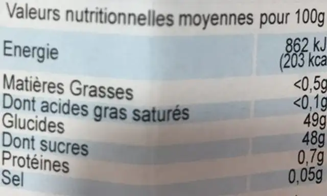 Confiture Figue Blanche nutrition facts table