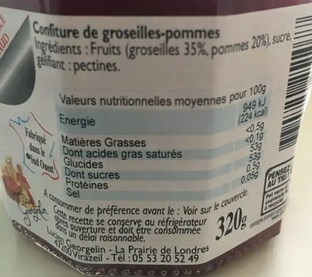 Preparation de groseilles LUCIEN GEORGELIN nutrition facts table