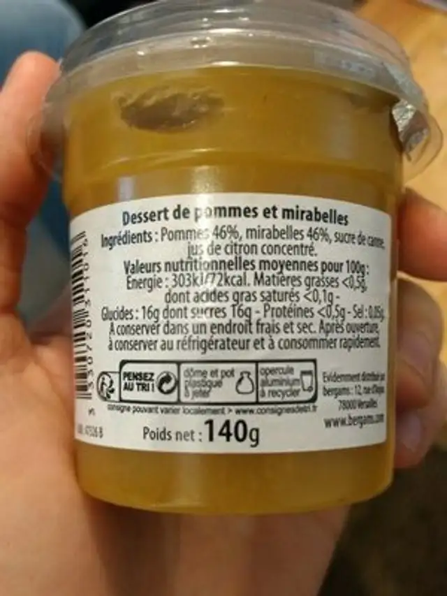 140G Dessert Fruit Mirabelle / Pomme Bergam's ingredients label