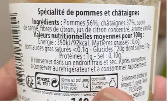 Compote Pomme Châtaigne nutrition facts table