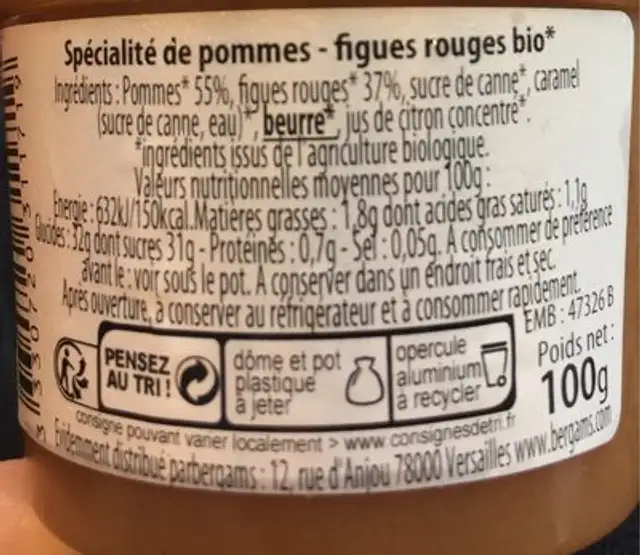 Compote Bio Pomme Figue nutrition facts table