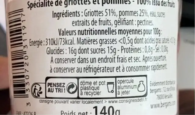 Bergams Dessert Griottes Pomme nutrition facts table