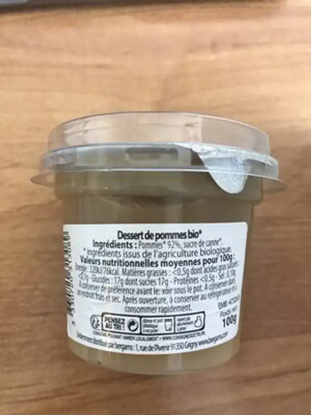 Pomme nature ingredients label