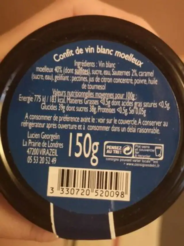 Gelée au vin blanc moelleux pour foie gras ingredients label