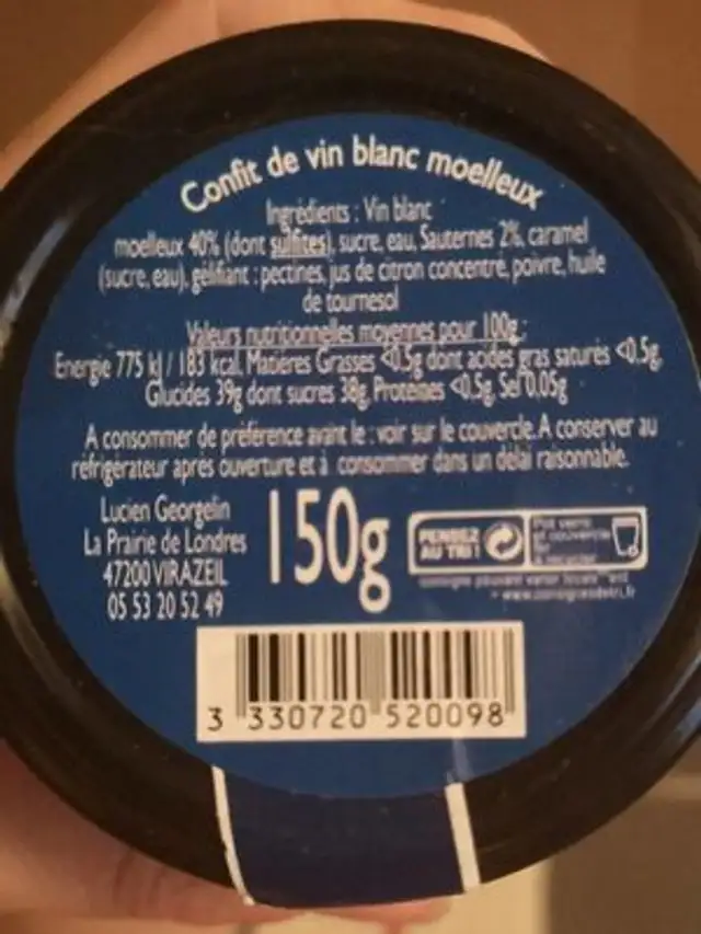 Gelée au vin blanc moelleux pour foie gras nutrition facts table