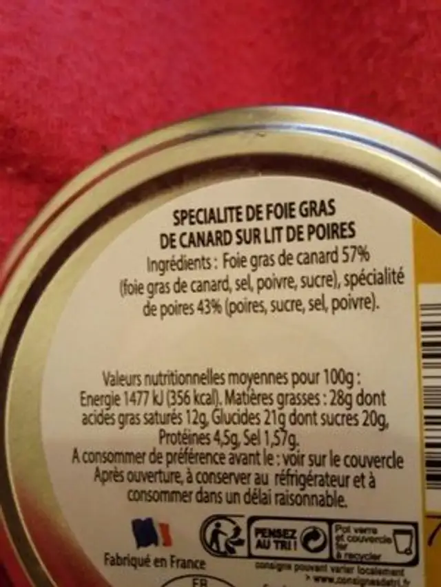 Foie gras de canard ingredients label