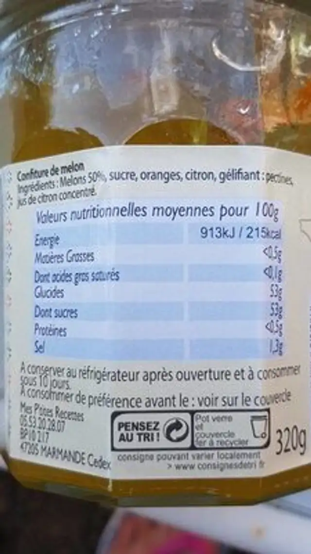 Confiture Melon nutrition facts table