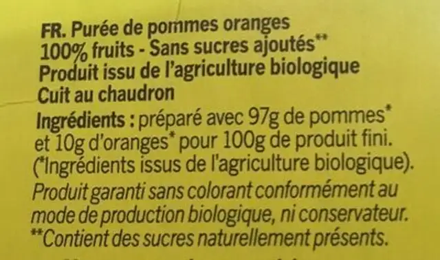 Purée De Fruits Pommes Oranges ingredients label