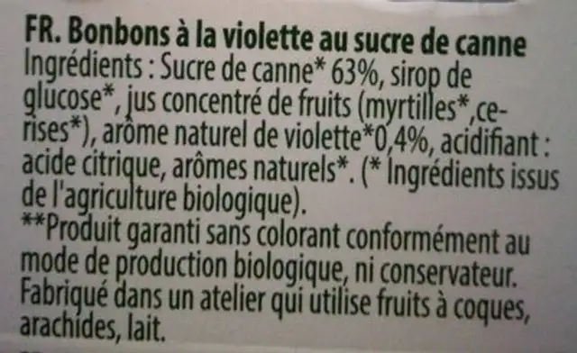 Bonbons arôme violette ingredients label