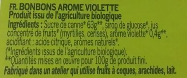 Bonbons Violette ingredients label