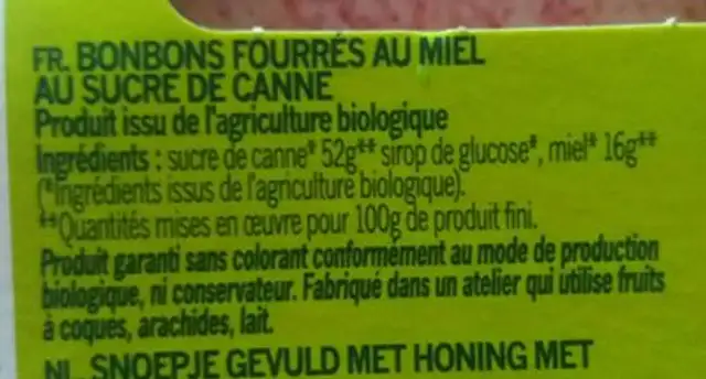 Bonbons fourrés au miel ingredients label
