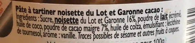 Pate a tartinee noisette cacao ingredients label