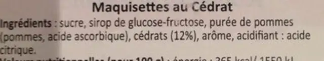 Maquisettes au cédrat ingredients label